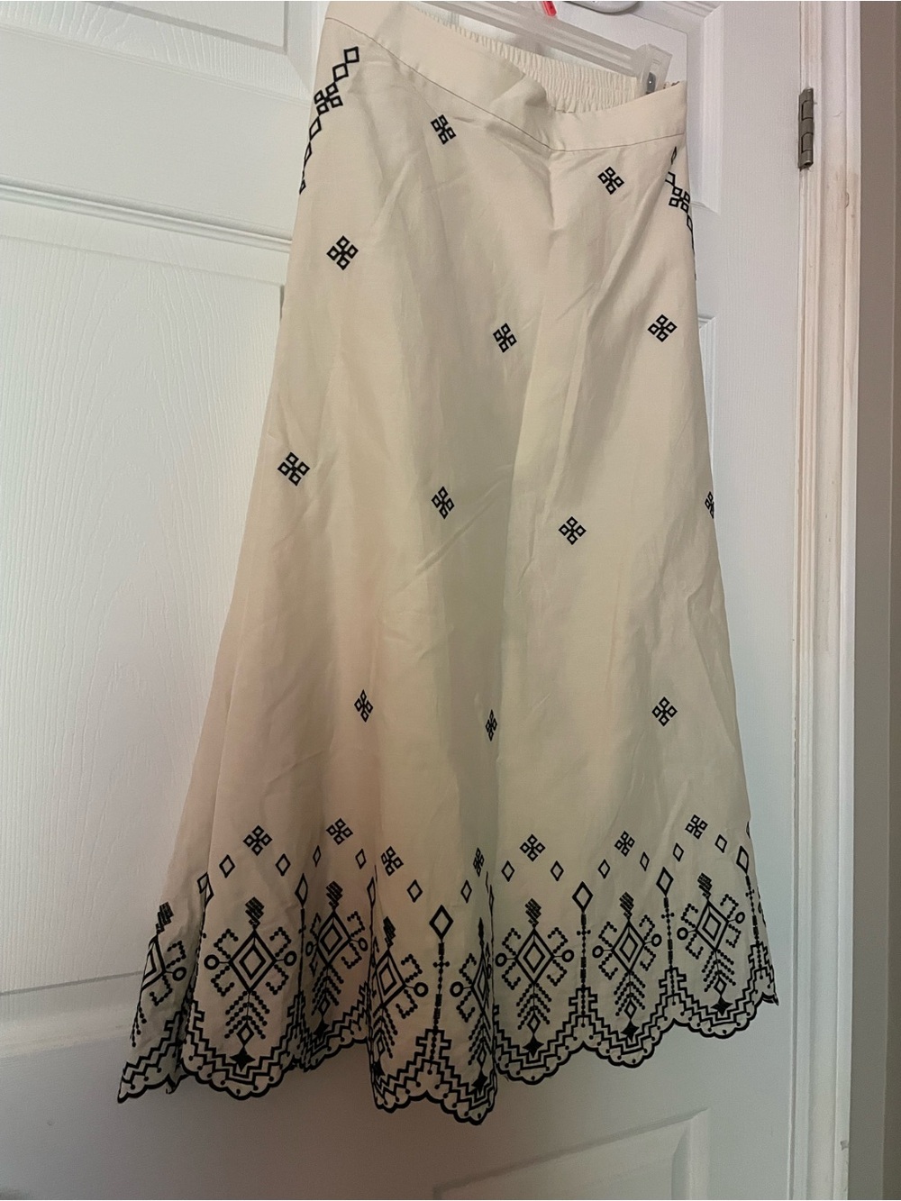 Cream Embroidered Midi Skirt with Black Detail
